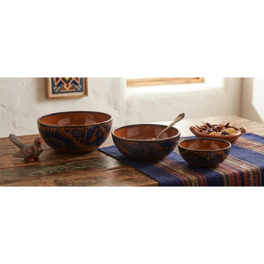 Vintage Handmade Mexican Tonala Pottery Nesting Bowls Set of 3 Terracotta Blue